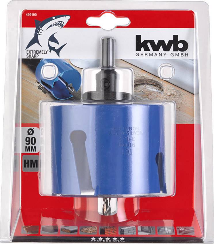 Blue hole saw attachment by KWB brand, 90 mm diameter, with shark graphic and 'Extremely Sharp' text on the packaging.