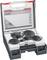 'Set of eight hole saws in an open plastic case, including holder and accessories. Suitable for various materials.'