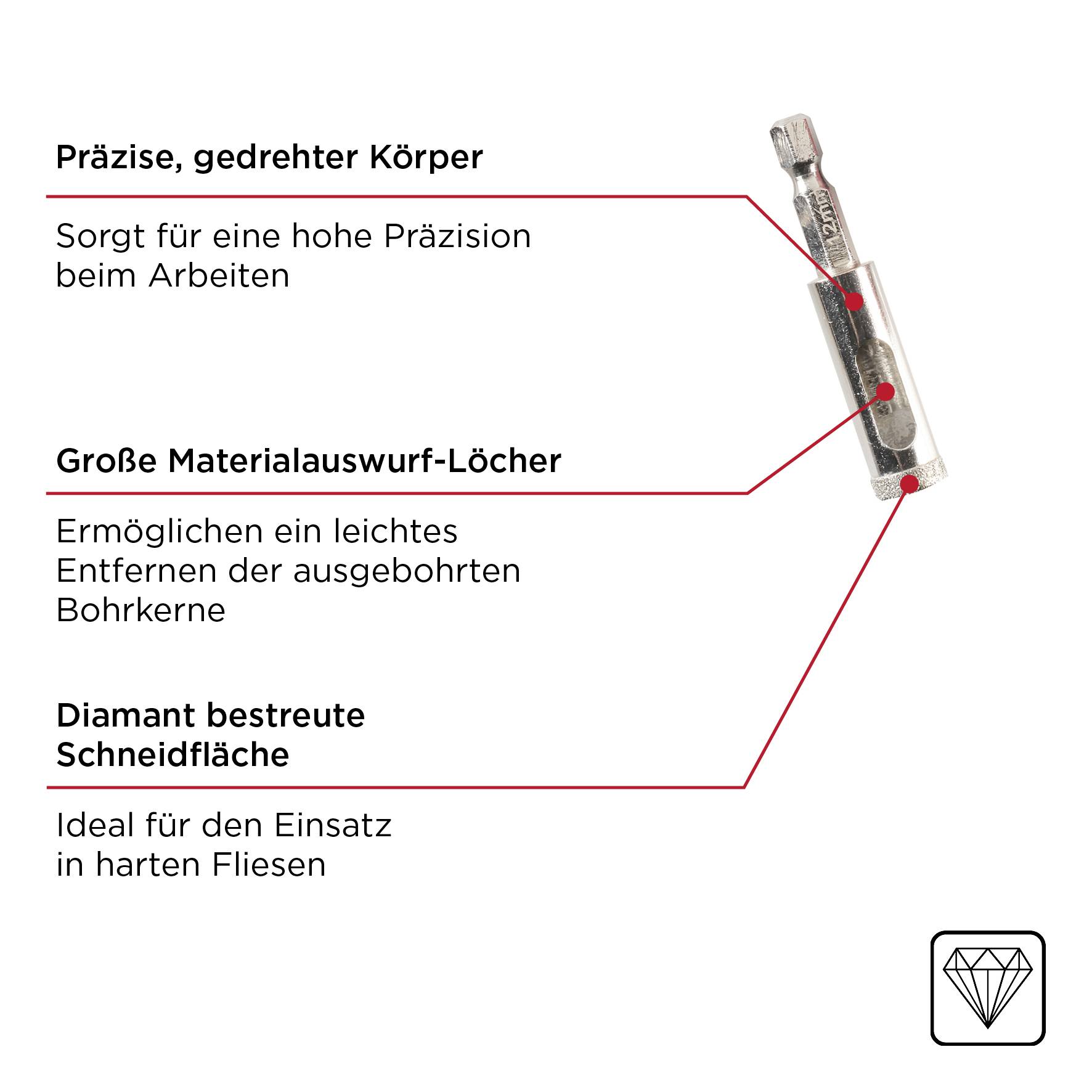 Drill bit with a precise, turned body, large material ejection holes, and diamond-coated cutting surface, ideal for hard tiles.