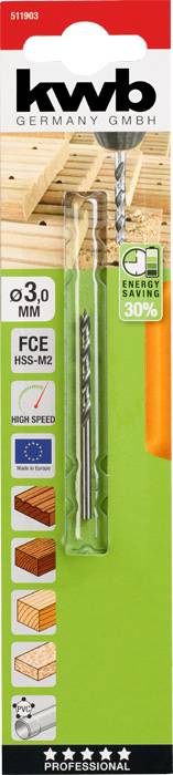 Drill Packaging: Kwb 3.0 mm ø Drill; suitable for wood, stone, brick. Energy saving 30%, manufactured in Germany.