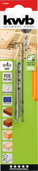 Drill by 'kwb Germany GmbH', diameter 4.0 mm, suitable for wood, metal and plastic. Packaging displays materials, CE marking and EU flag.