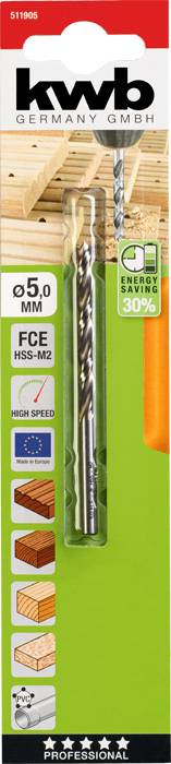 'Drill bit 5.0 mm, suitable for wood and other materials. Energy saving 30%. Made in Germany.'