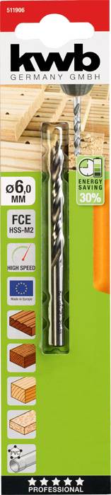 Metal drill bit by 'kwb GERMANY GMBH', 6.0 mm, FCE HSS-M2. For wood, metal and plastic. Energy-saving, high speed.