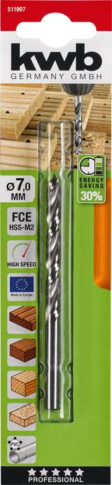 'kwb Germany GmbH' Wood Drill Bit, 7 mm, suitable for wood, metal, plastic; FCE HSS-M2; 'Energy Saving 30%'; High Speed.