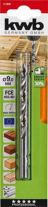 A packaging for a 9mm drill bit from 'kwb GERMANY GMBH', suitable for wood, plastic and metal. 'Energy saving 30%' highlighted.