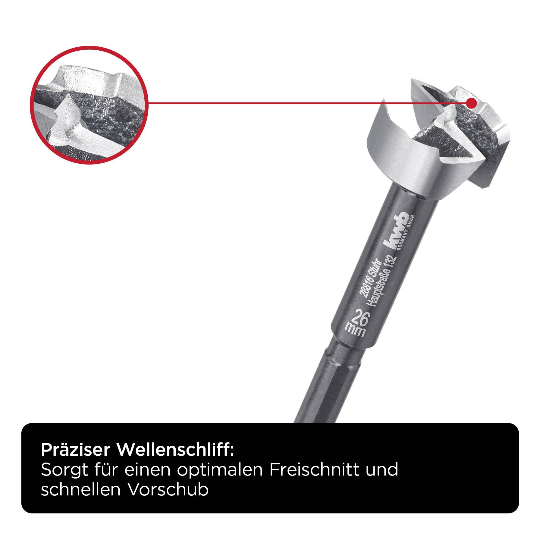 'Precise Wave-Cut Edge:' A drill bit with a serrated tip, marked to illustrate the cutting area. 26 mm diameter.