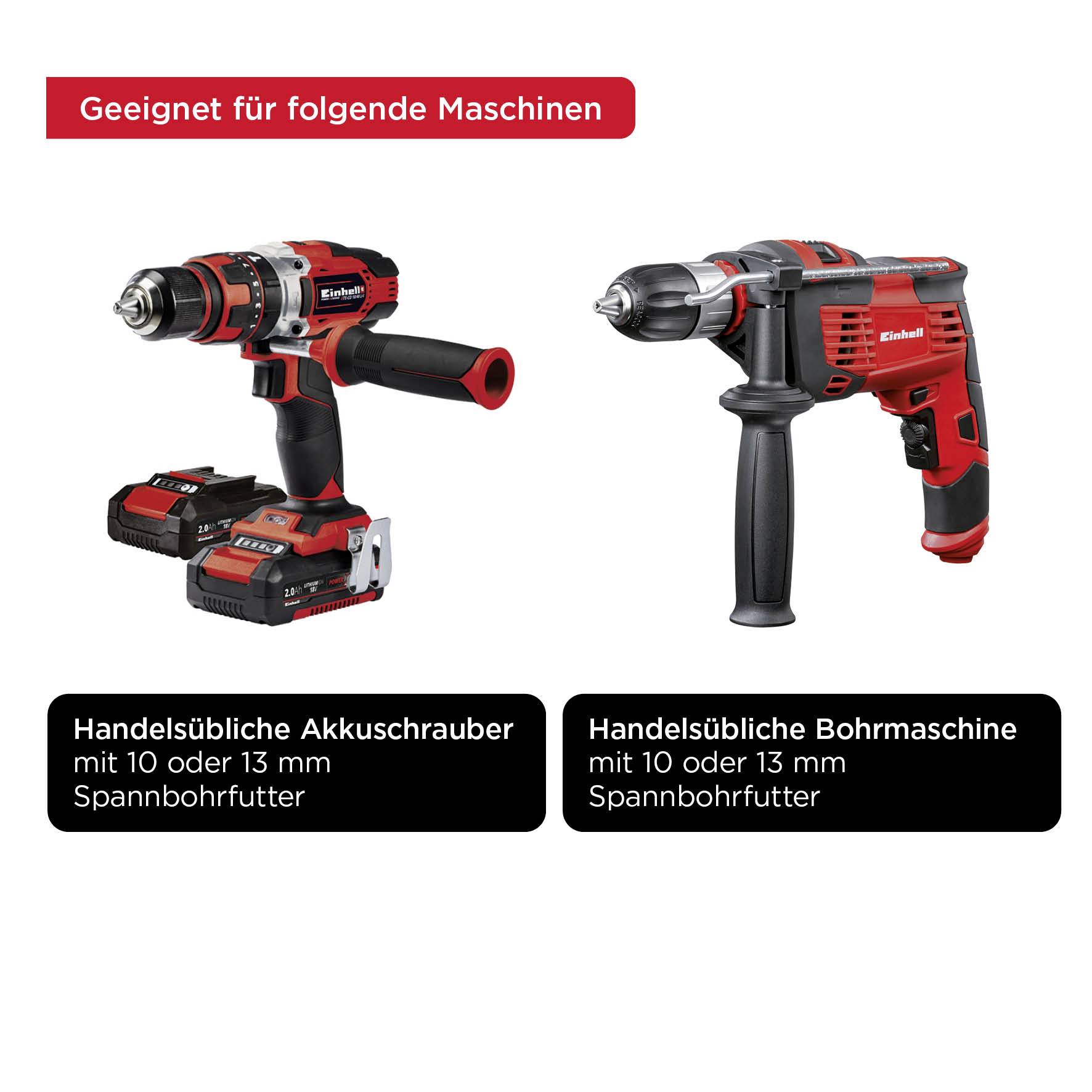 Two red and black electric power tools, cordless screwdriver and drill, with text 'Suitable for the following machines: Standard cordless screwdrivers with 10 or 13 mm chuck, Standard drill with 10 or 13 mm chuck'.