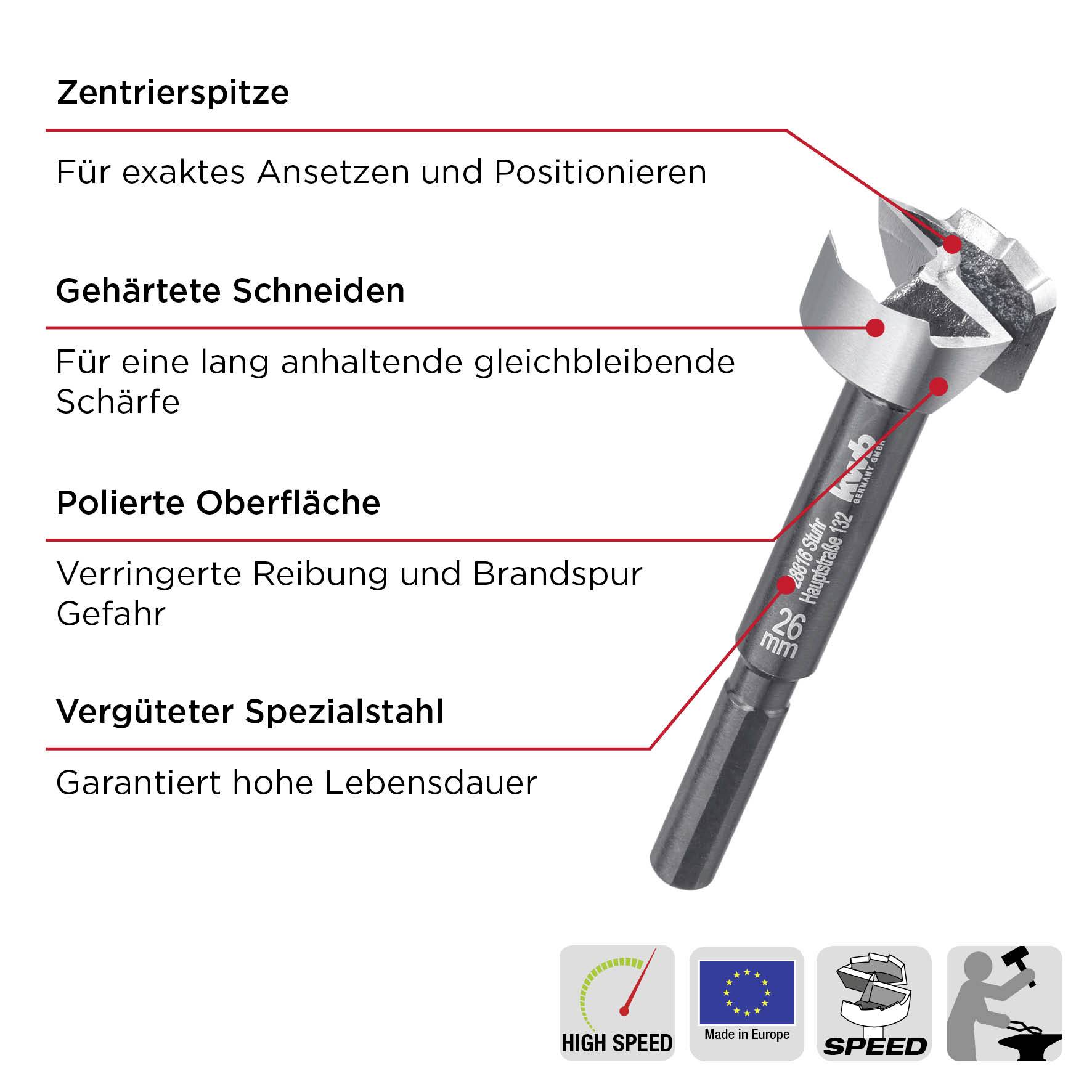 'Forstner drill bit made from high-speed steel, 26mm, with hardened cutting edges for precise, smooth drilling and long-lasting durability.'