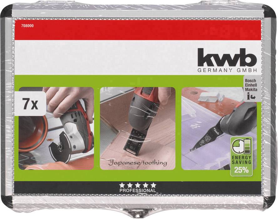 Packaging for a 7-piece tool set by the brand kwb. Displays three images of tools in action, illustrates 'Japanese toothing'. Energy efficiency symbol: 25% savings.