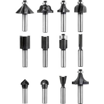 Twelve different router bits for woodworking: various shapes and sizes, ideal for precise cuts and decorations.