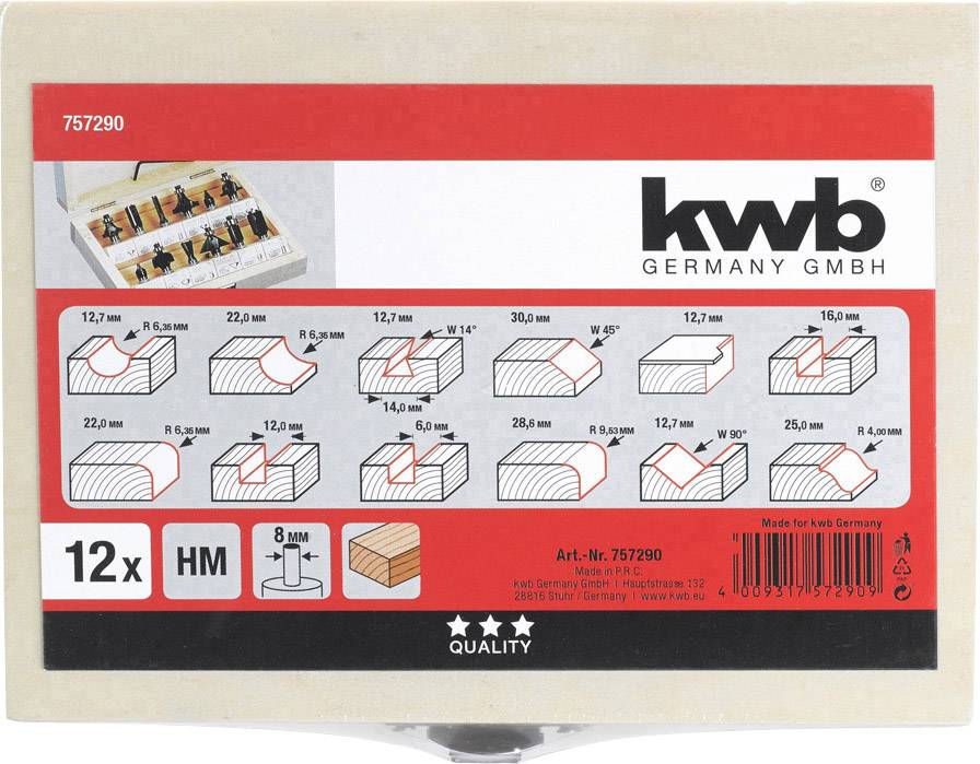 'kwb GERMANY GMBH' Packaging with illustrations of 12 milling heads, specifications for diameters and profiles, and reference to high quality.
