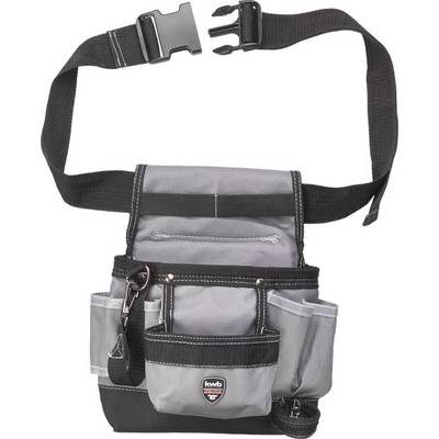 Tool bag made of grey fabric with multiple compartments and a black belt. Suitable for hand tools.
