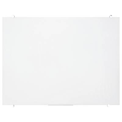 White empty whiteboard, hung on a wall with four mounting hooks at the corners.