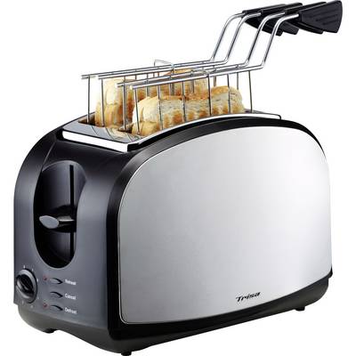 A silver and black toaster with a roll attachment, with sliced bread placed on it. Control buttons are visible on the left.