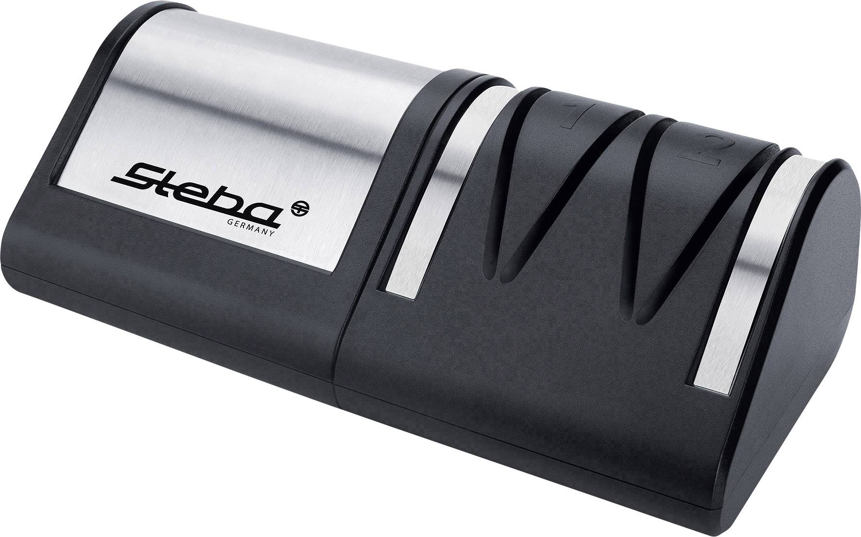 Electric knife sharpener with two stages, black housing, stainless steel accents and marked with 'Skeba Germany'.