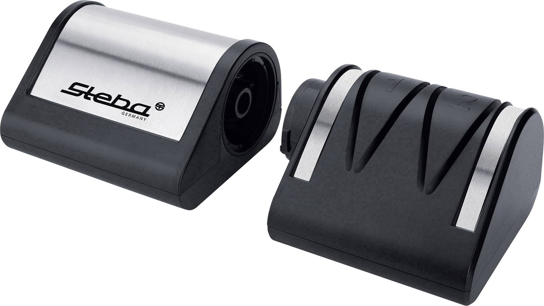 Electric knife sharpener in black and silver, consisting of two units positioned diagonally beside each other for effective sharpening.