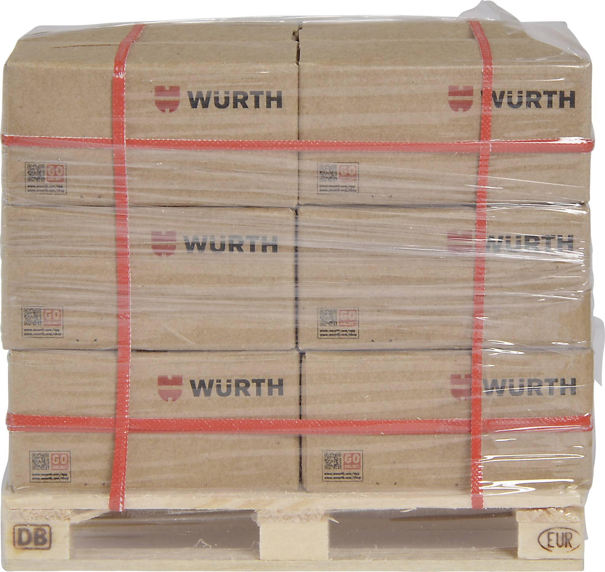 'Stacked cardboard boxes with Würth logo on a pallet, secured with a red strap and wrapped in plastic film.'