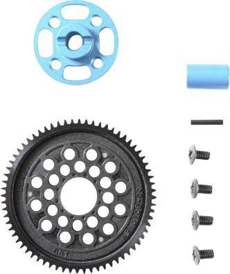 A set of gears in blue and black with screws and a small blue cylinder, possibly for a mechanical device.