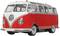 A red and white Volkswagen T1 van, also known as the VW Camper, viewed from the side, stands against a white background.