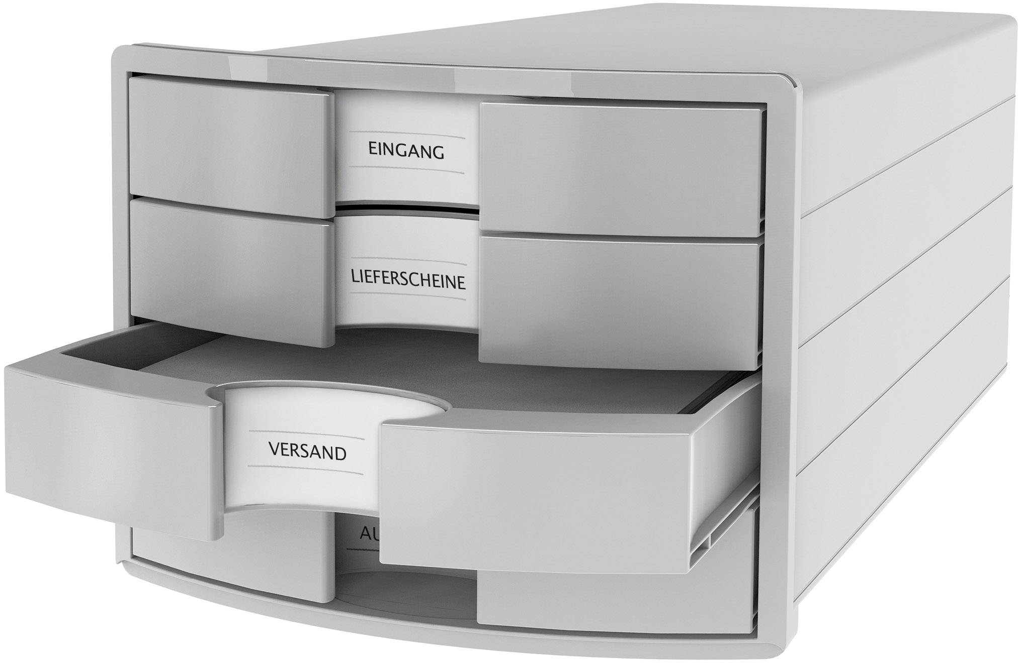 Office drawer unit with four drawers, labelled 'Incoming', 'Delivery Notes', 'Dispatch' and 'Outgoing', some slightly open.