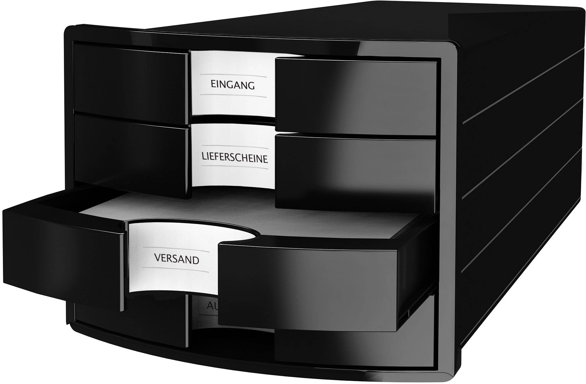 Black drawer organiser with open compartments. Labels reading 'Incoming', 'Delivery Notes' and 'Dispatch' on the drawers.