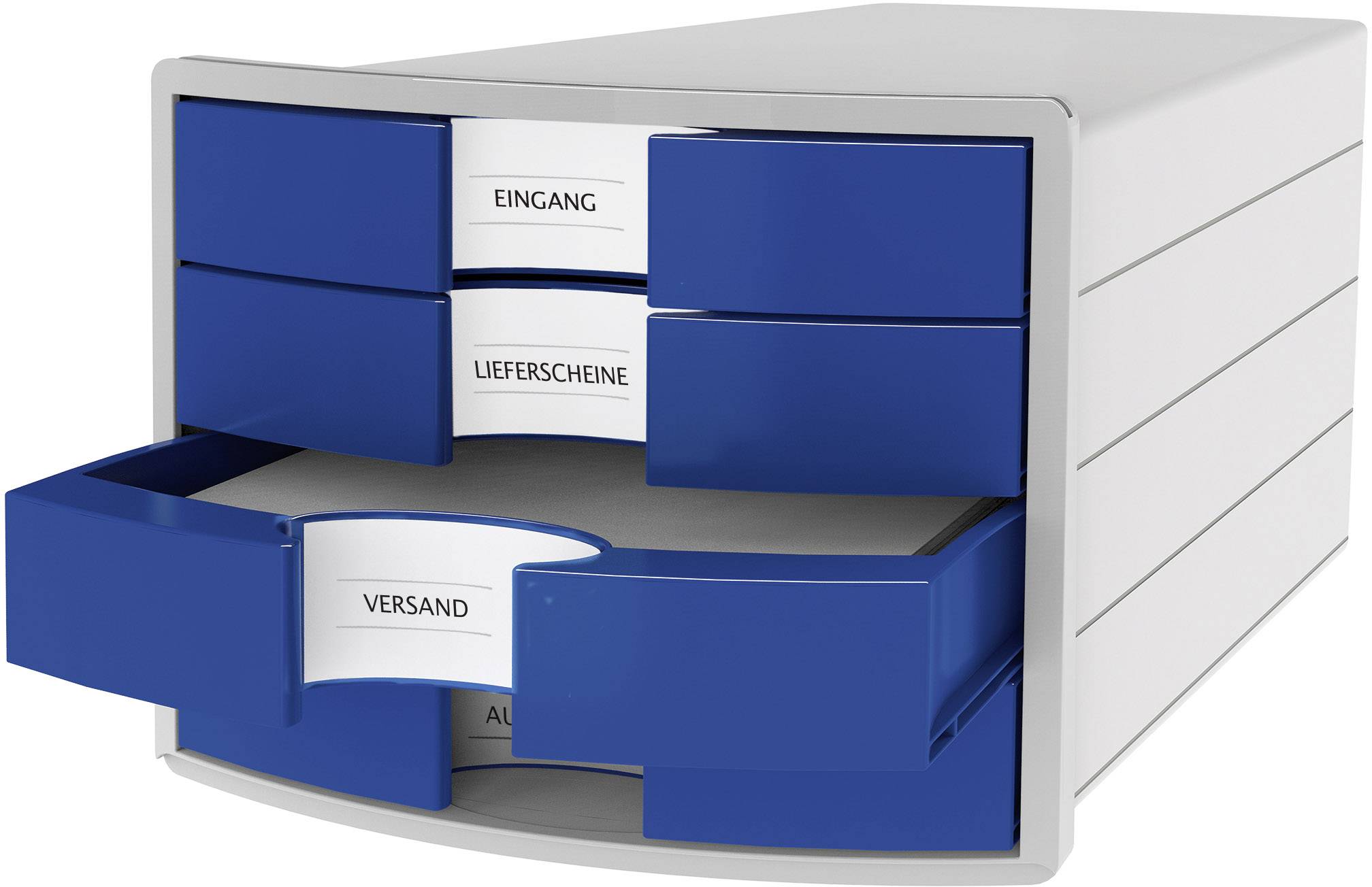 A blue and white filing system with four drawers, labelled 'Incoming', 'Delivery Notes', 'Dispatch' and 'Outgoing'.