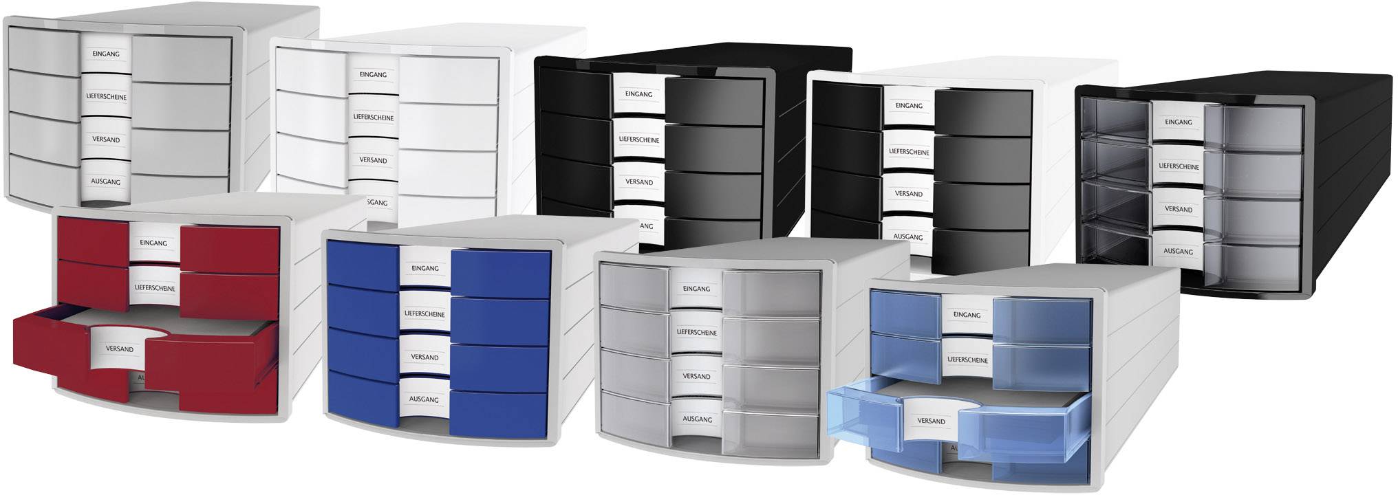 Several drawer units in different colours (white, black, red, blue, grey) with five drawers each, placed side by side.