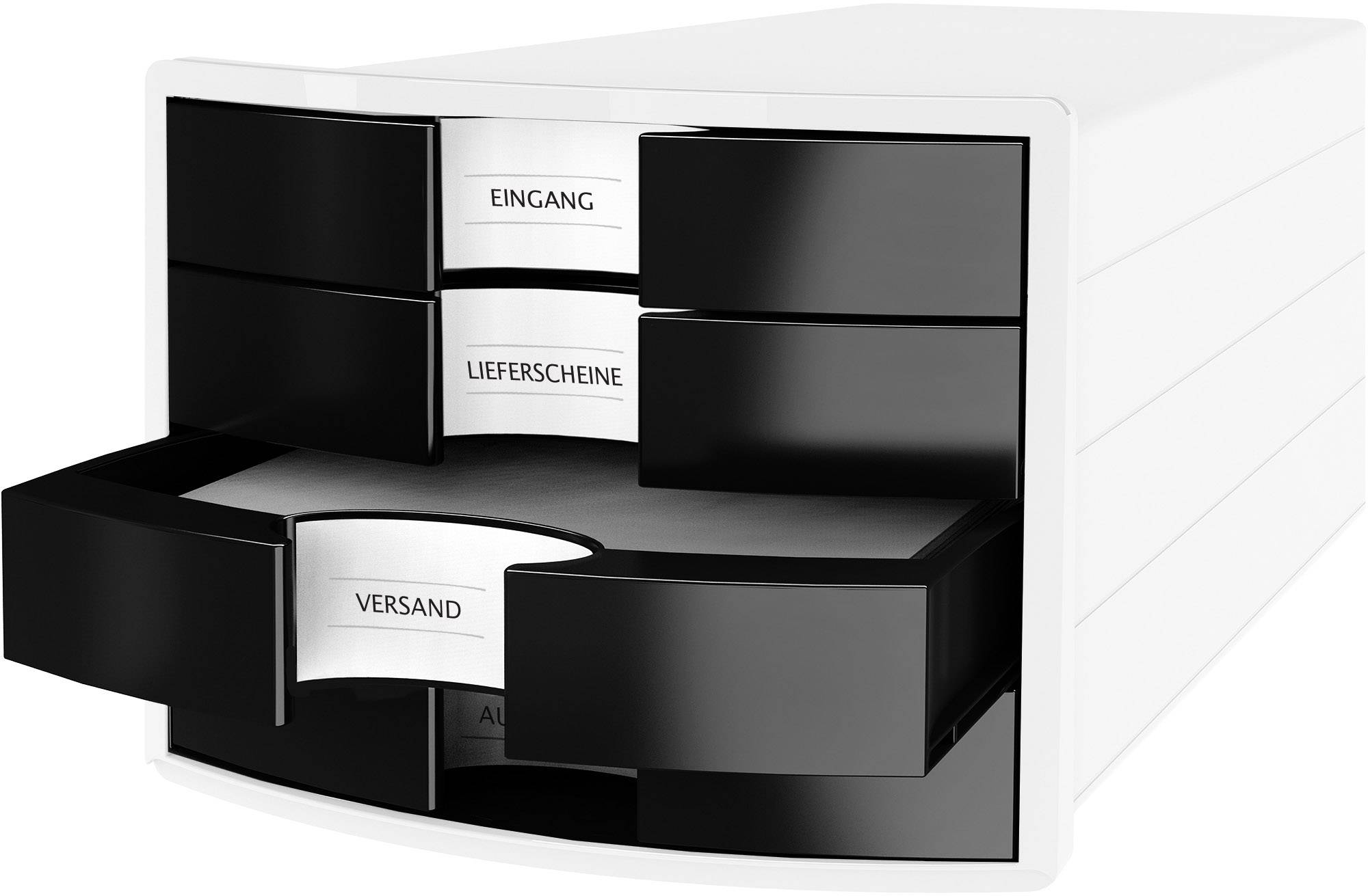 White drawer cabinet with four open black drawers, labelled 'Entrance', 'Delivery Notes', 'Dispatch'.