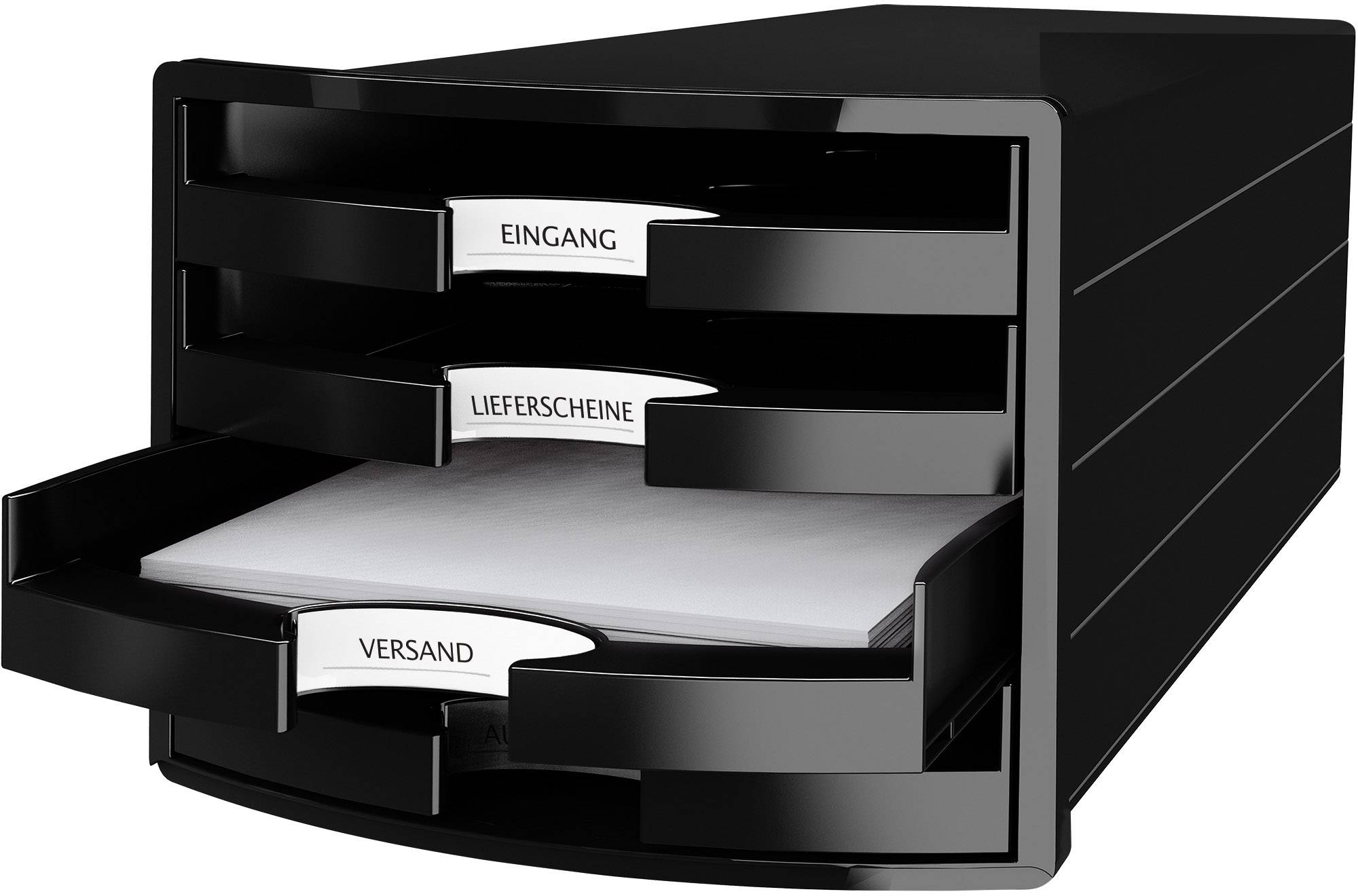 Black desk organiser with three drawers, labelled 'Incoming', 'Delivery Notes' and 'Dispatch'. The 'Dispatch' drawer is open.
