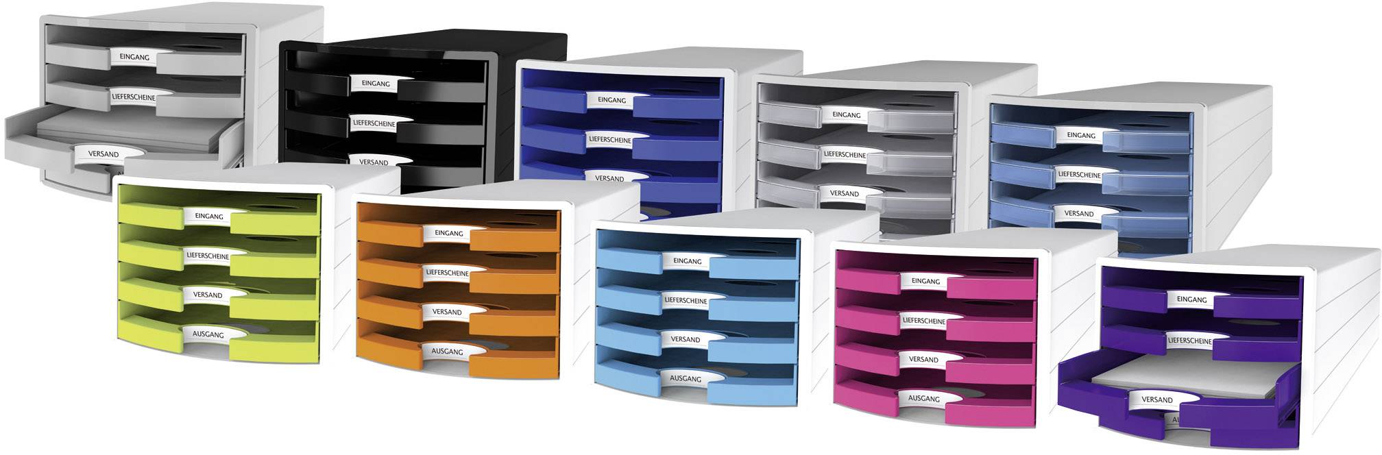 Colourful drawer systems in various colours with labels.