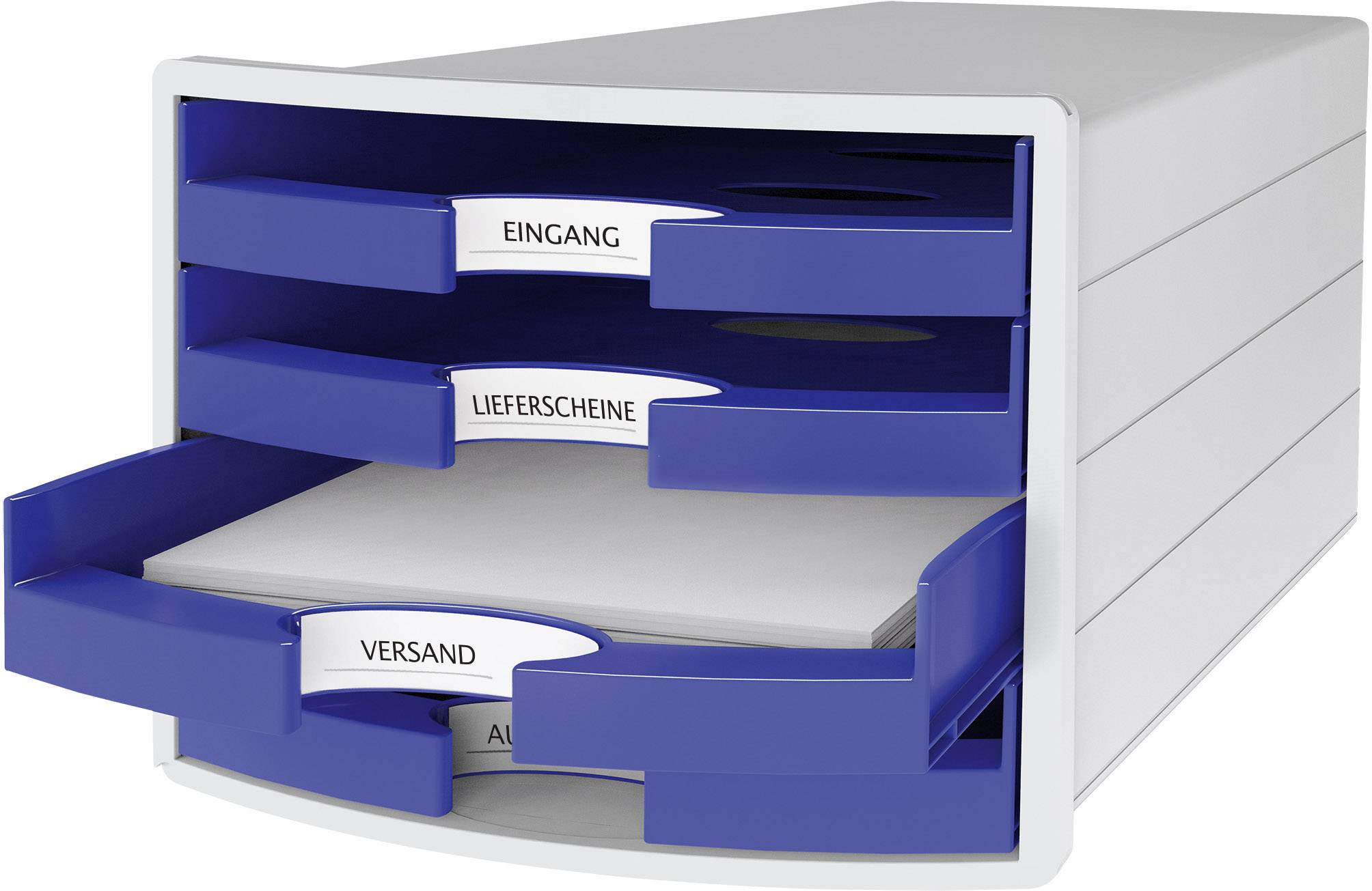 White and blue filing box with four drawers, labelled 'Incoming', 'Delivery Notes', 'Dispatch' and 'Outgoing'.