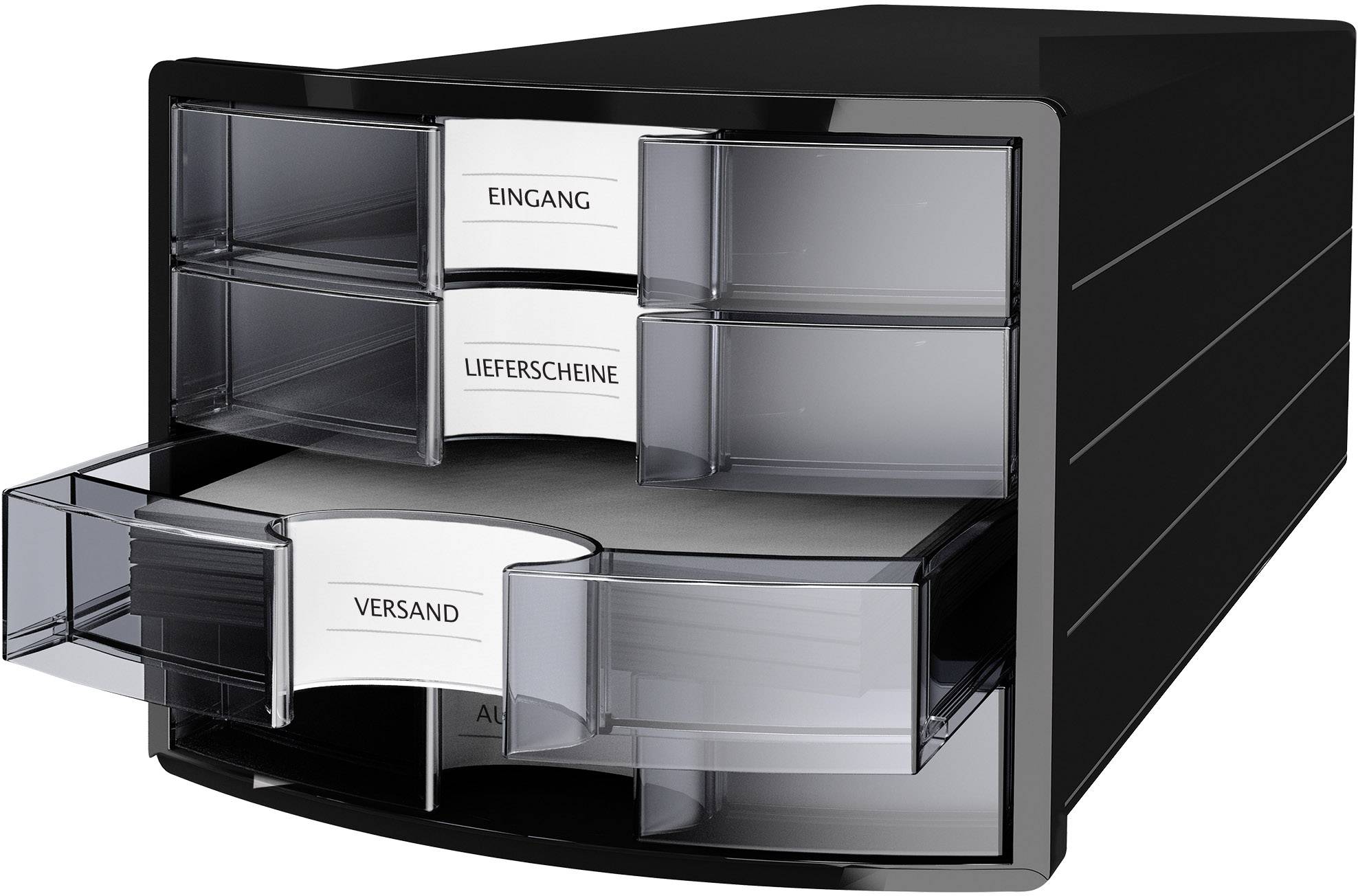 Black drawer organiser with three compartments, labelled: 'INCOMING', 'DELIVERY NOTES', 'DISPATCH', left open with an empty compartment.