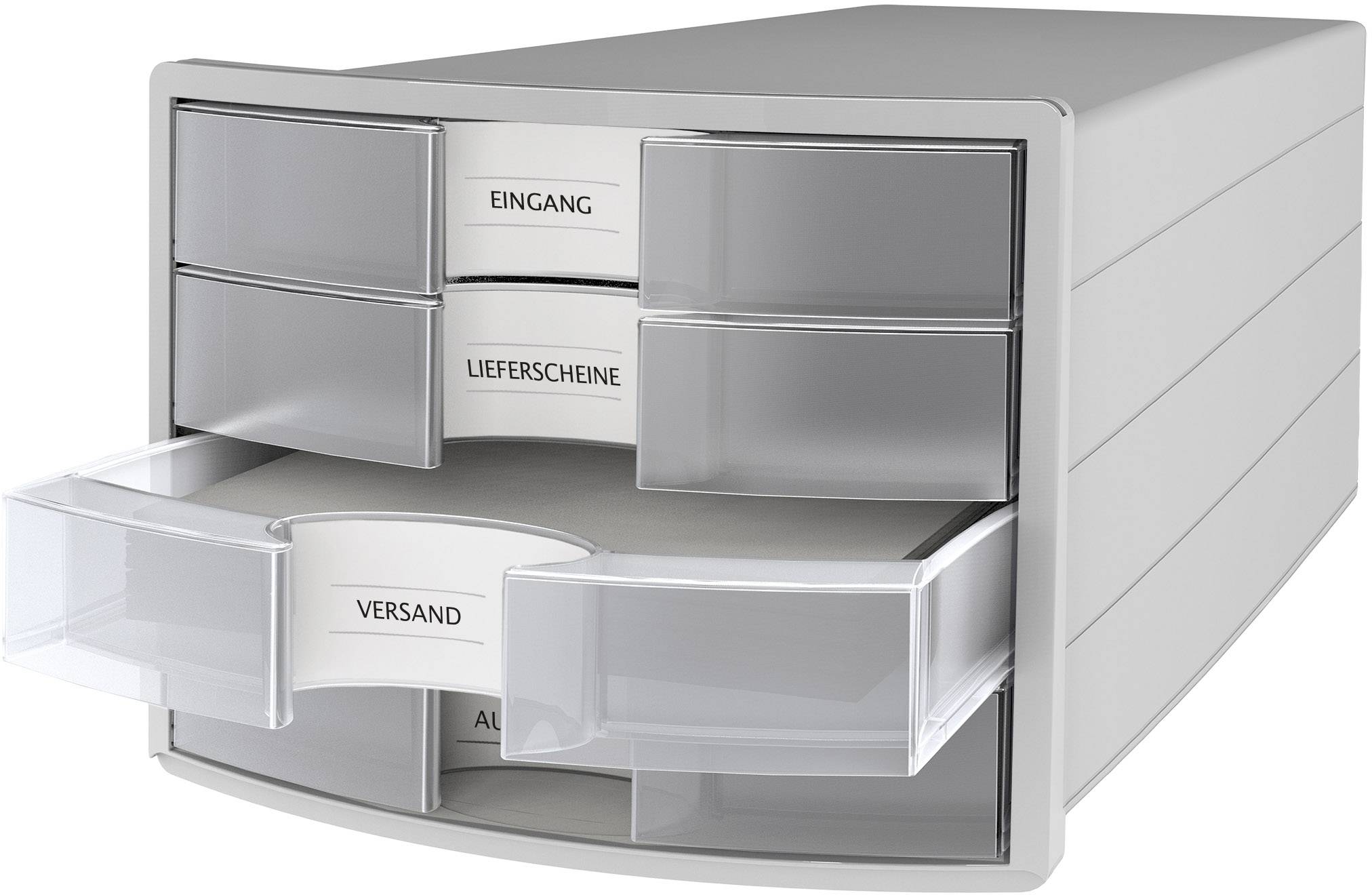 A grey drawer organiser with four drawers, labelled 'Incoming', 'Delivery Notes', 'Dispatch' and 'Outgoing'.