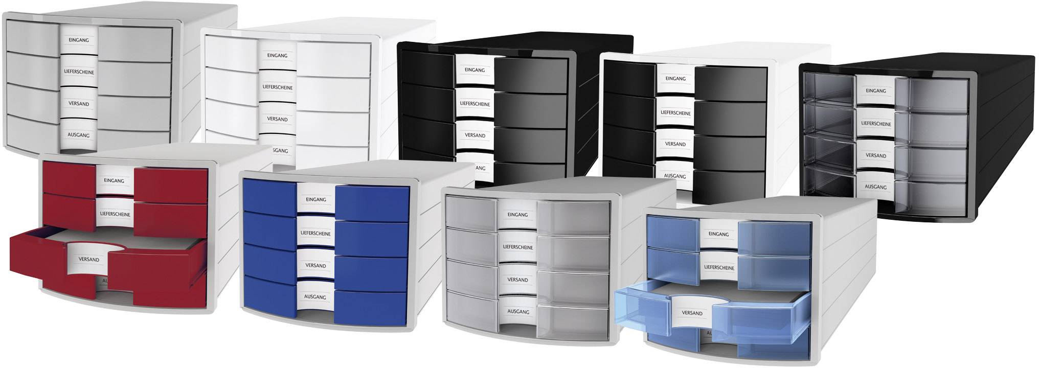 Various drawer storage boxes in red, blue, white, black, and transparent, each with five drawers, arranged in a group.