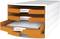A white drawer organiser with three compartments, labelled 'Incoming', 'Delivery Notes' and 'Dispatch'. The drawers are orange.