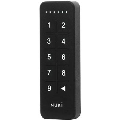 Black, rectangular keypad for a door lock with numbers 1-9, a backspace key, and the brand name 'NUKI' at the bottom.