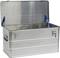 An open aluminium box with blue folding handles on the sides, suitable for secure transportation and storage of items.