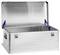 Open silver metal storage chest with blue handles and lid support hinges.