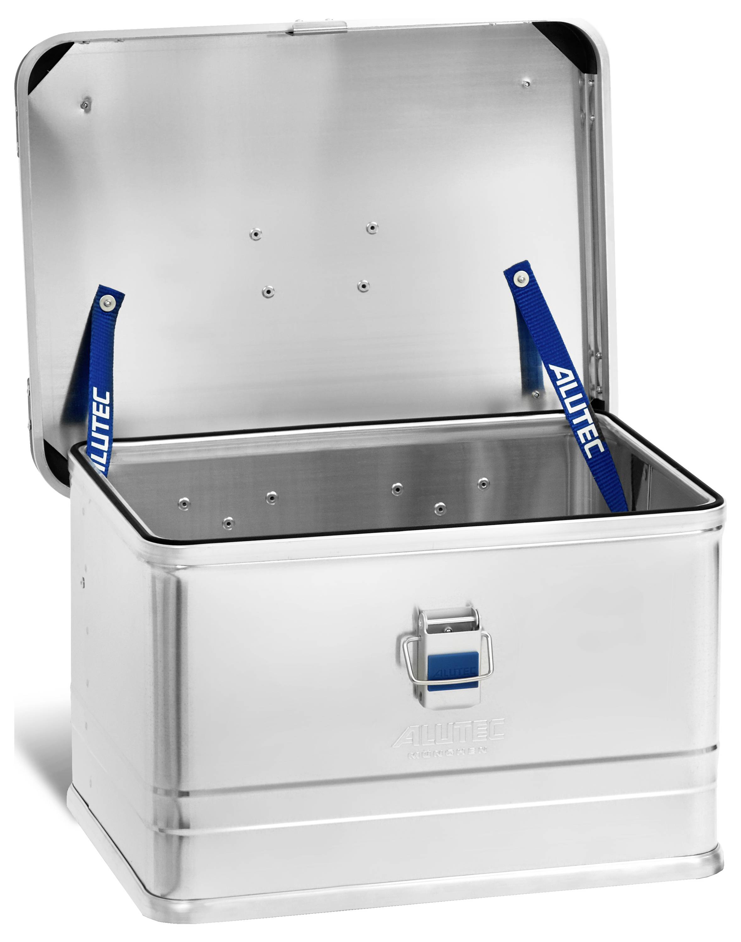 'Alutec aluminum box with open lid, showing blue interior hinges. Suitable for secure storage and transport.'
