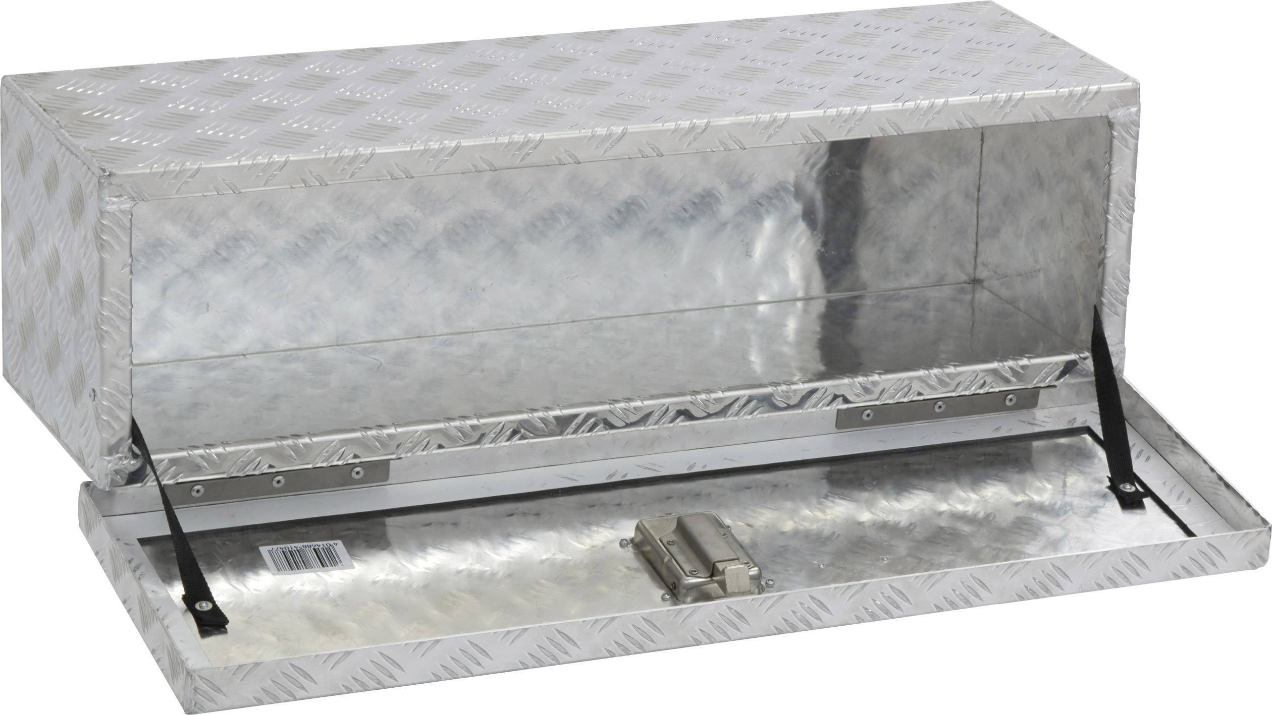 Metal toolbox with hinged lid, suitable for securely storing tools or other items in a vehicle.