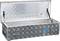 Metal box with diamond pattern, opened with a labelled sticker on the front. Box has two snap locks.