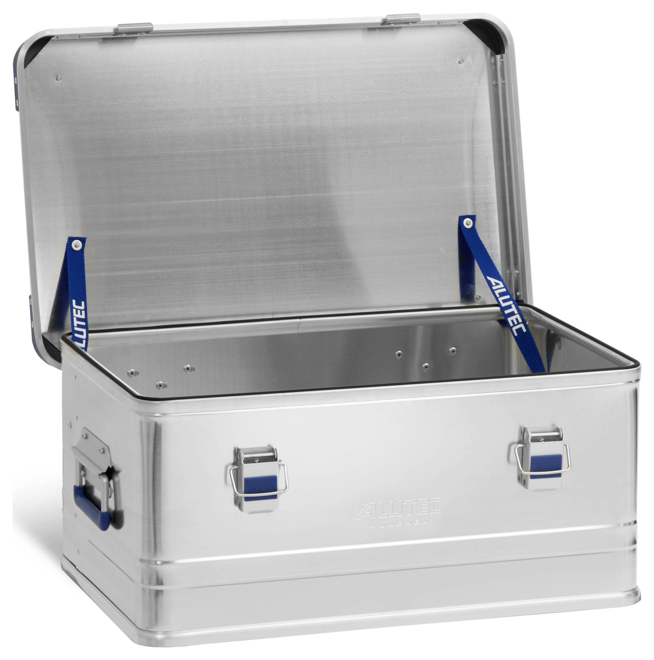 An open silver metallic storage box with blue hinges, showing a spacious interior and blue handles on the sides for carrying.