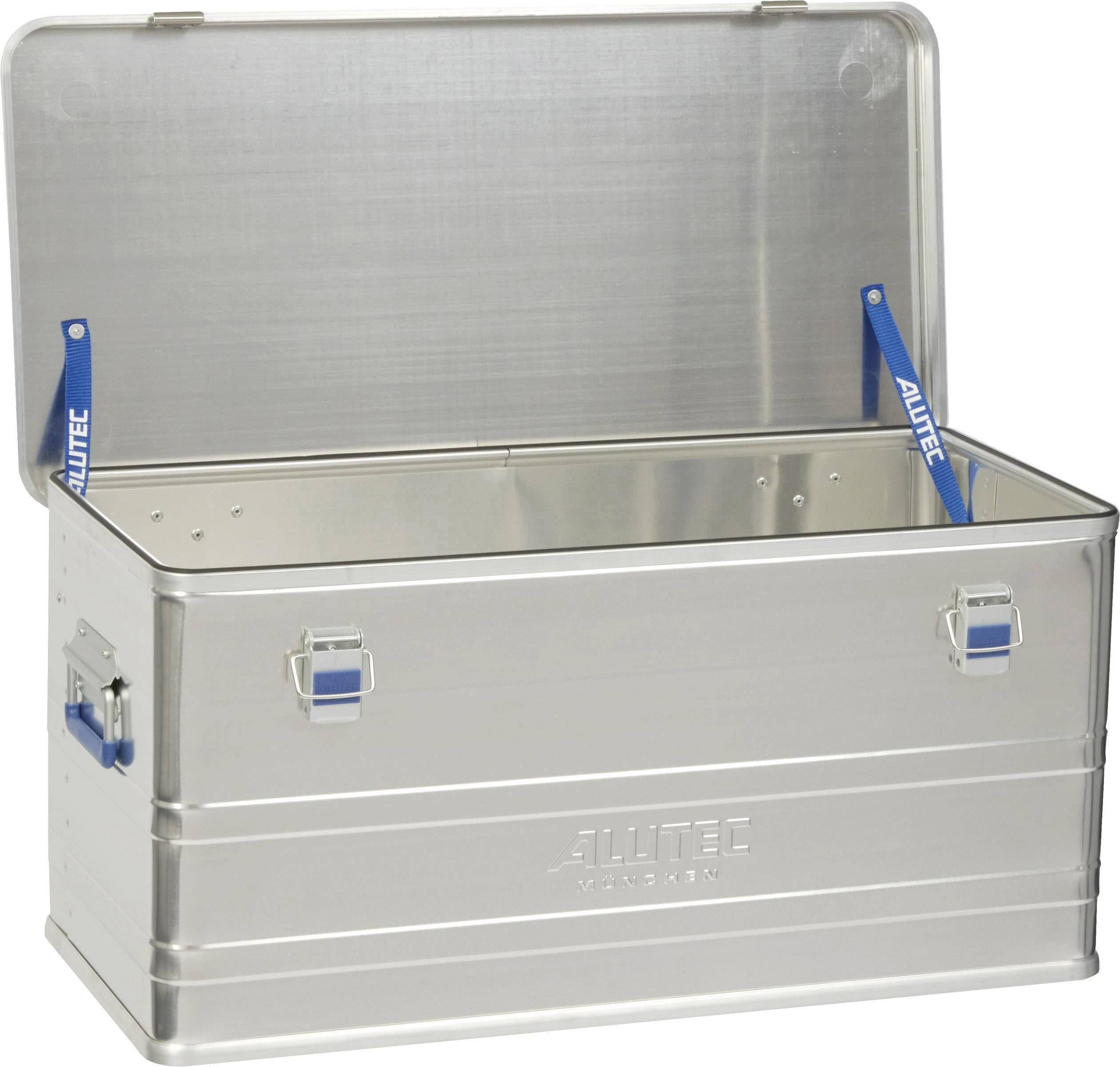 Metallic storage box with an open lid, blue levers, and the 'ALUTEC' inscription. Ideal for storage and transportation.