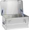 Open aluminium storage box with hinged lid, side handles, and blue 'ALUTEC' lettering inside. Ideal for storage.