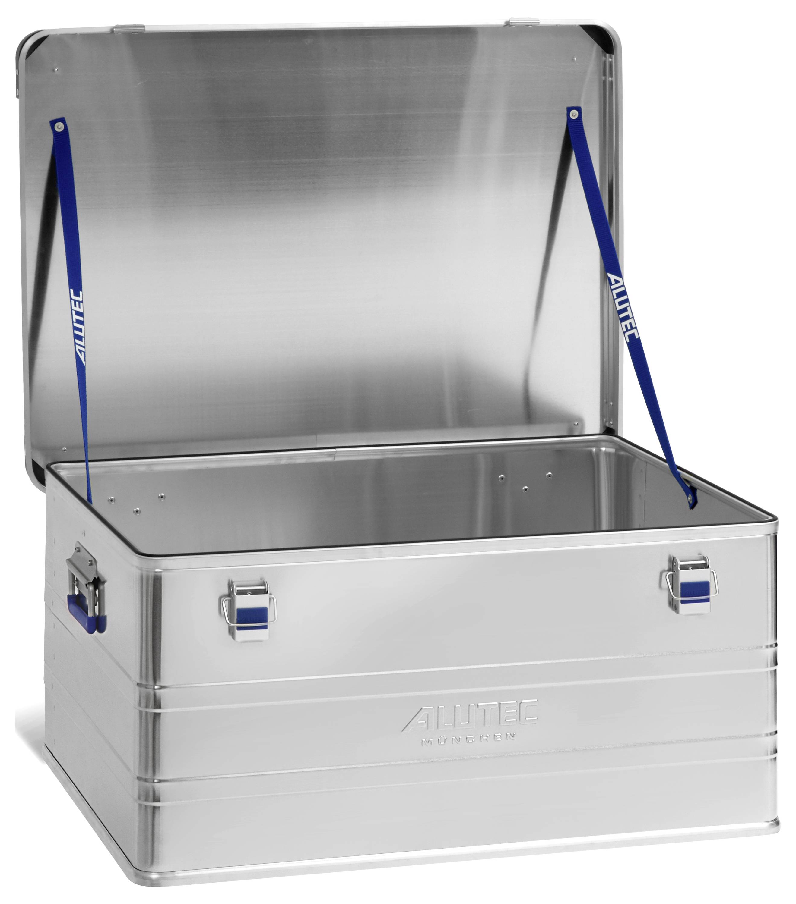 An open aluminum storage box with blue handles and straps, showing spacious interior. The box is labeled 'ALUTEC' on the front.