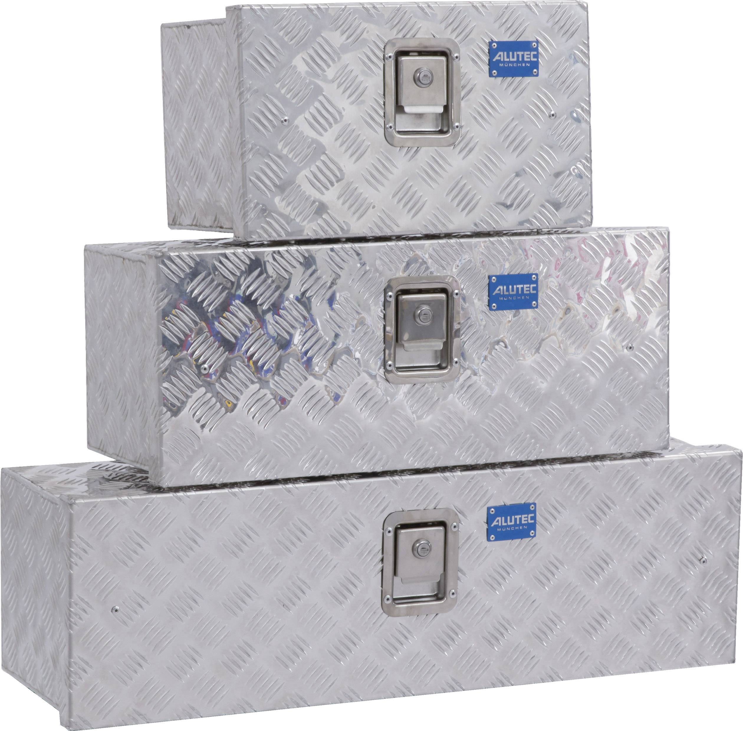 Three stacked aluminium boxes with a diamond-pattern texture, each featuring a handle and lock. The boxes have a blue logo reading 'ALLUTEC'.