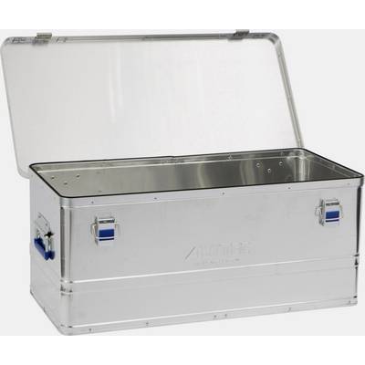 Metal box with an open lid. Suitable for storing tools or equipment. Robust construction with two handles on the sides.