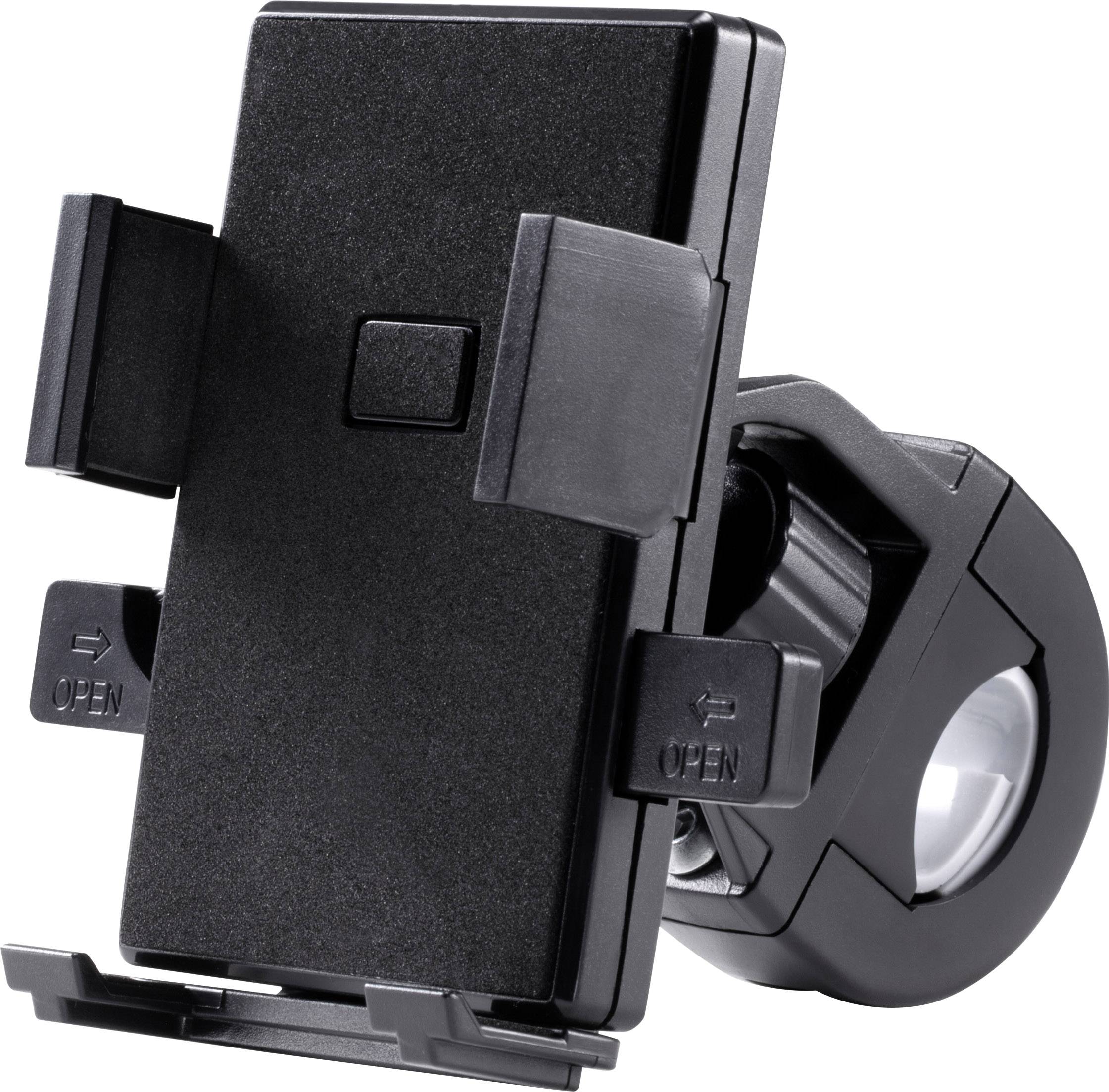A black mobile phone holder for the car with adjustable side clips and a suction cup base.