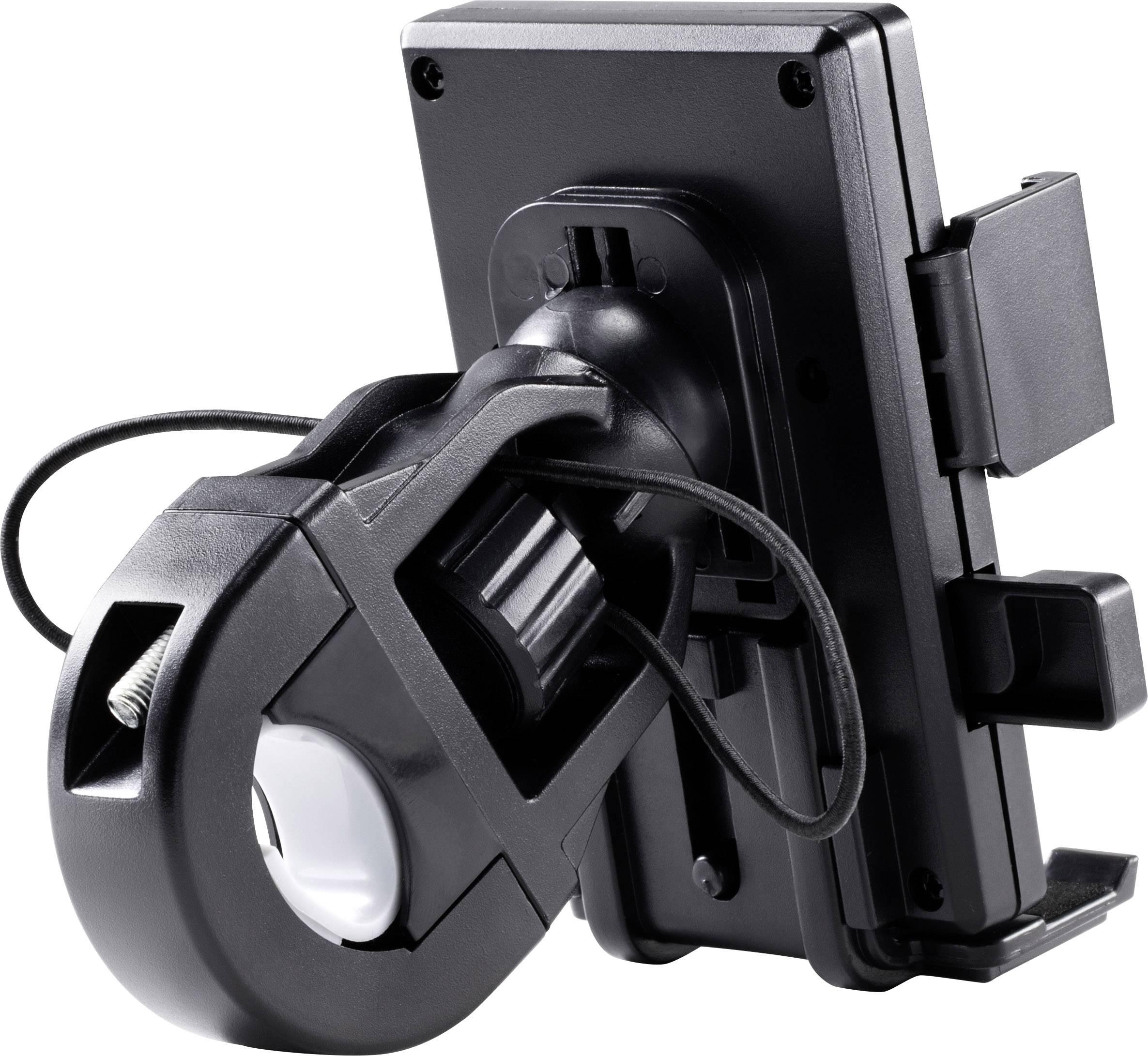 A black mounting bracket with an adjustable arm and screw, suitable for attachment to various surfaces, with a bulky design.