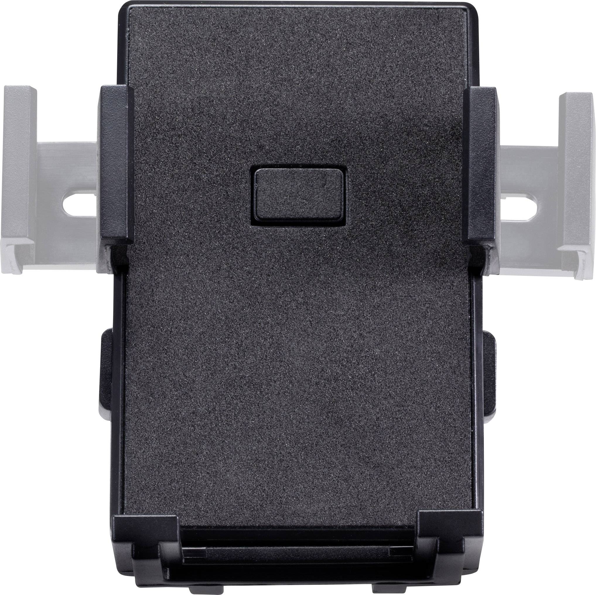 A black electric switch with two grey side mountings.